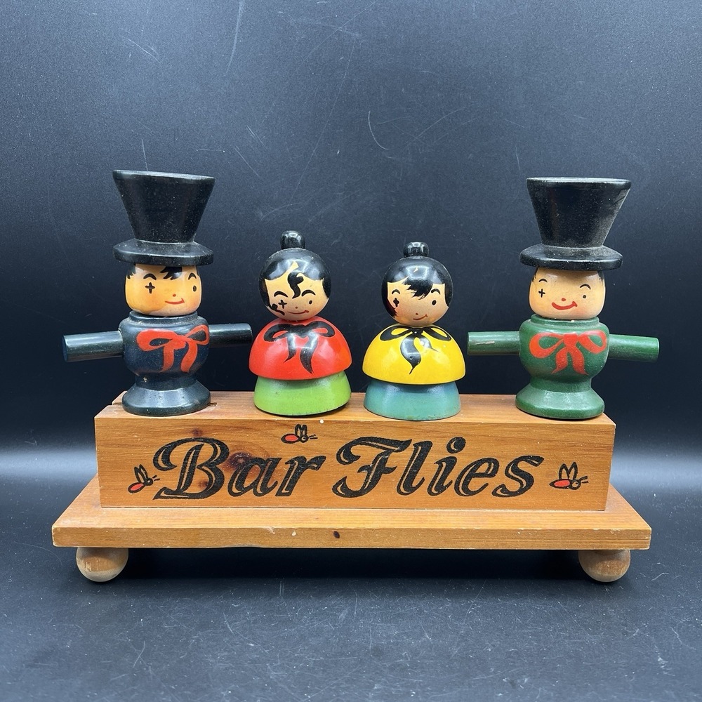 VTG Barware Wooden 'Bar Flies' Bar Caddy w/4 Tools 10" x 7" Handmade folk art